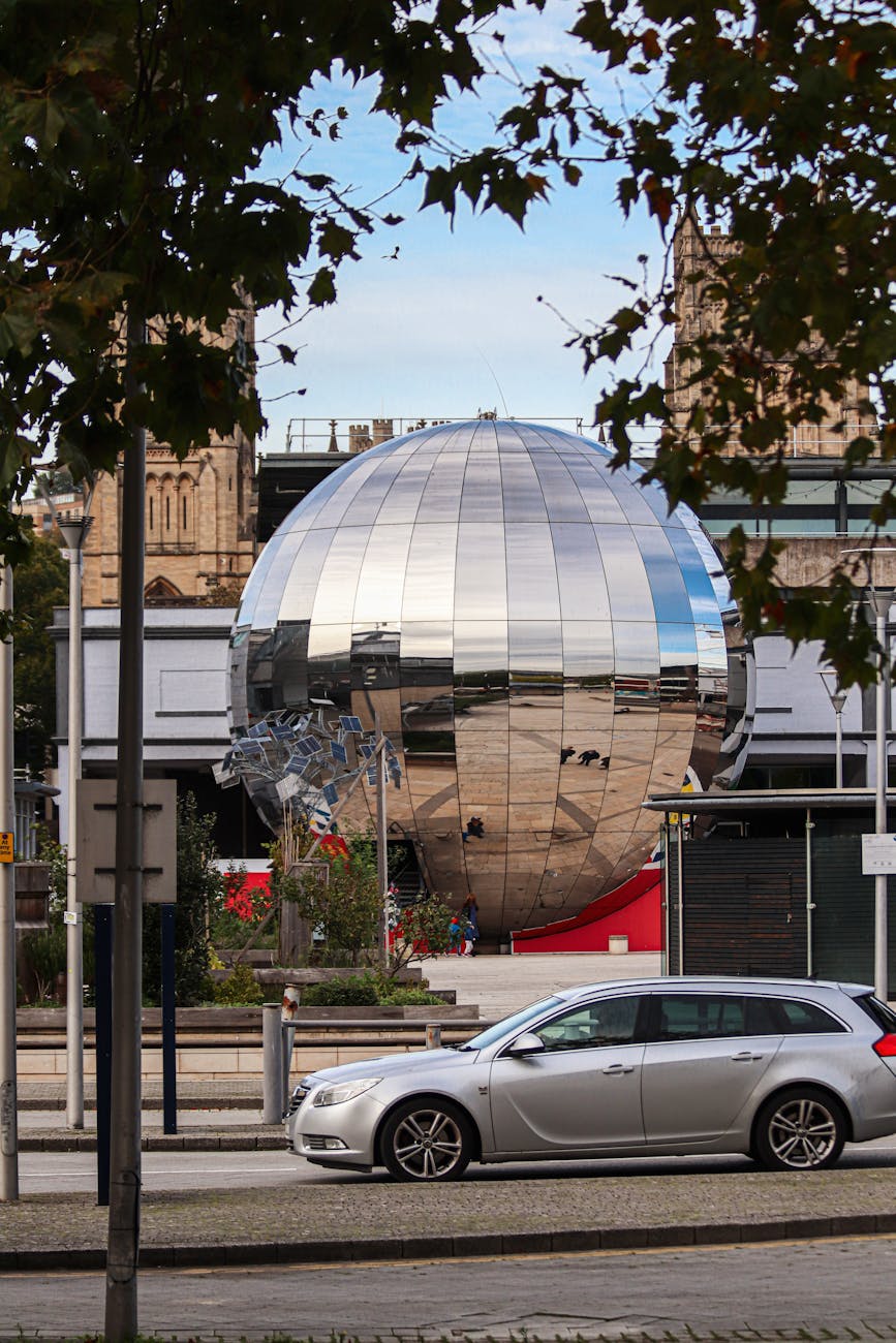 silver ball near building in town