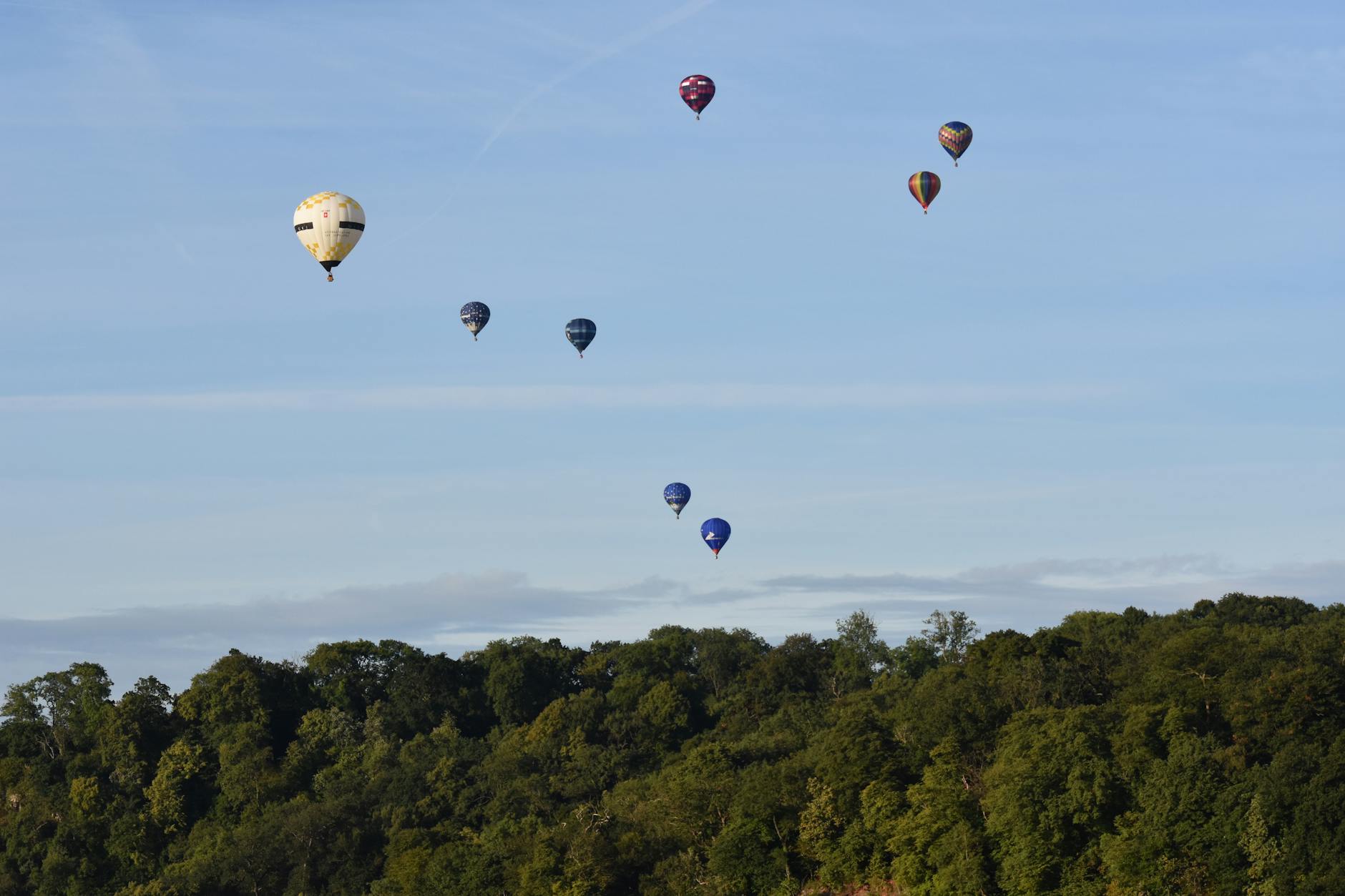 hot air balloons flying over green trees