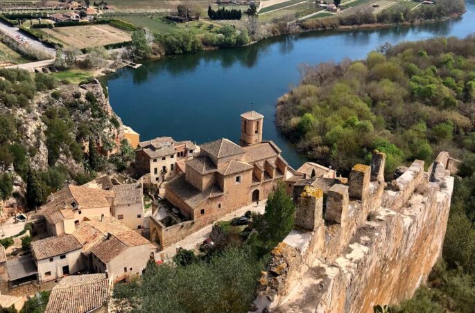 drone shot of miravet castle