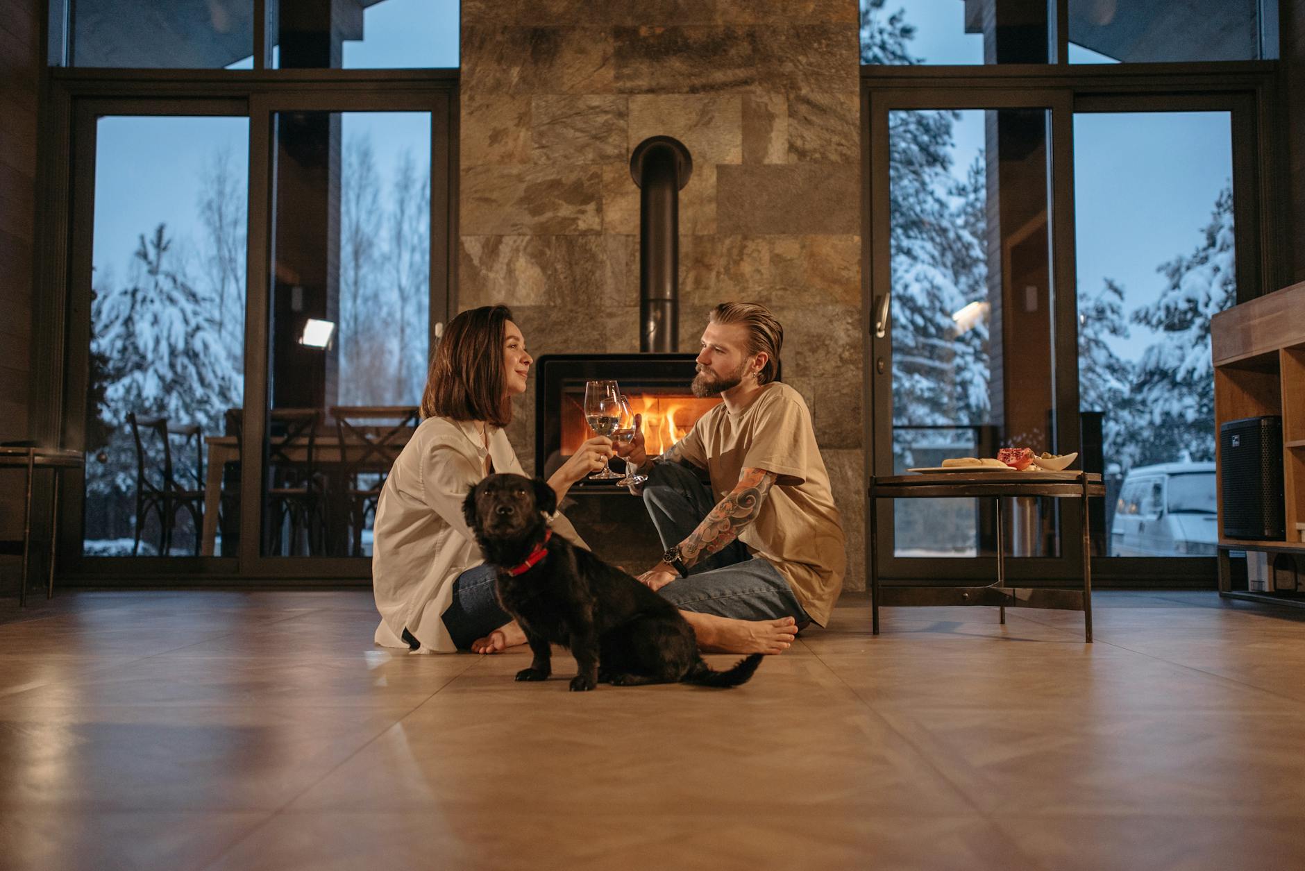 couple with a dog sitting near fireplace