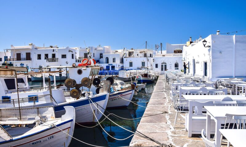 motorboats moored in town on mykonos