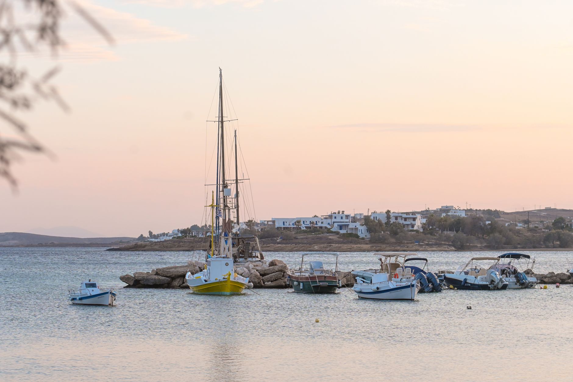 boats moored in bay at dawn